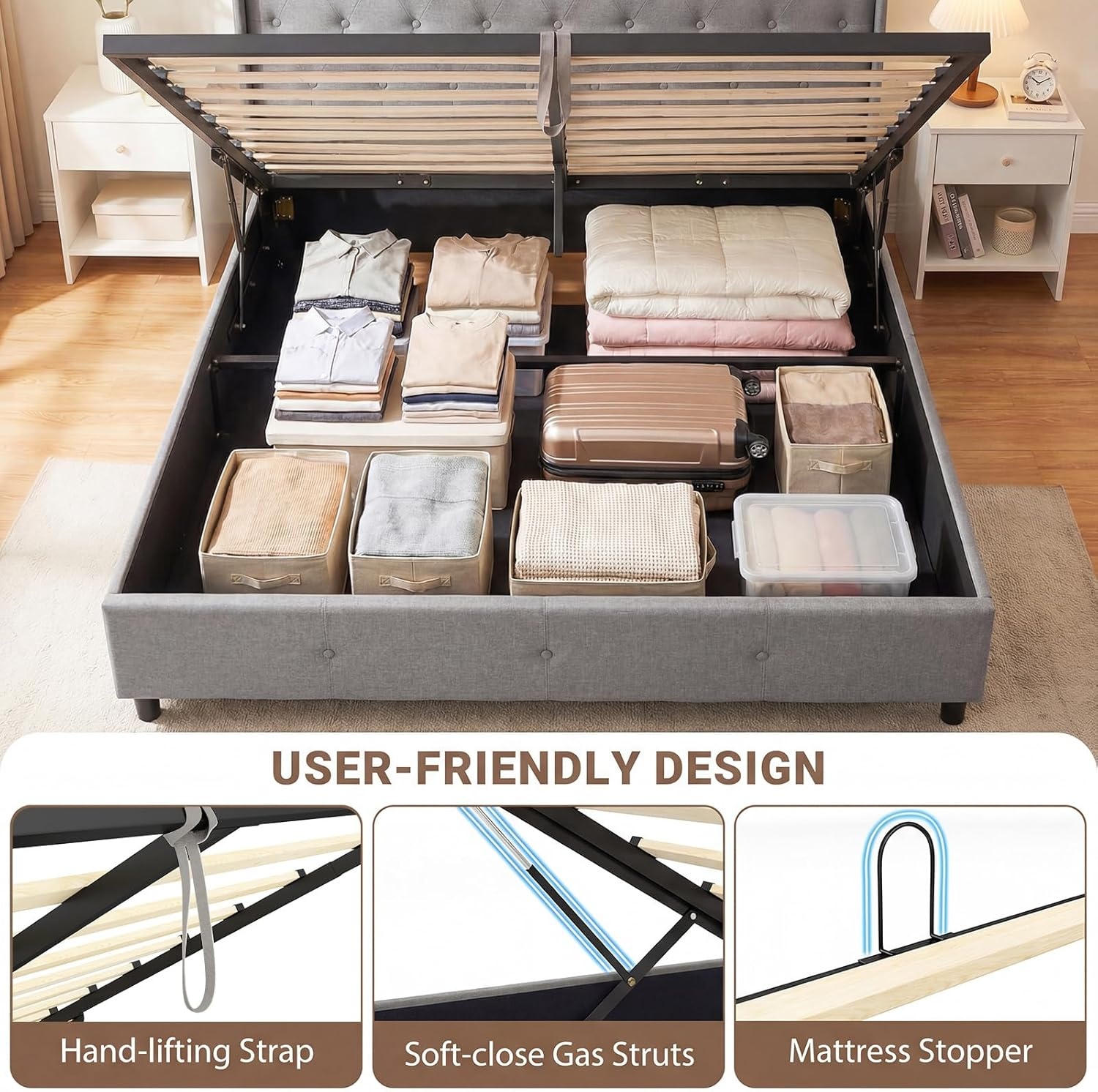 image:imageGiantex Queen Size Lift Up Storage Bed Modern Corduroy Upholstered Platform wWingback Headboard Hydraulic Support Queen Bed Frame with Storage No Box Spring Needed BeigeGrey