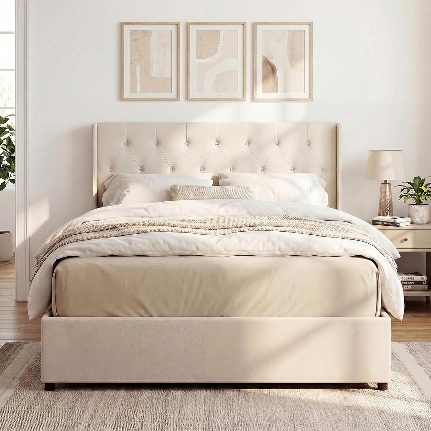 image:imageGiantex Queen Size Lift Up Storage Bed Modern Corduroy Upholstered Platform wWingback Headboard Hydraulic Support Queen Bed Frame with Storage No Box Spring Needed BeigeBeige