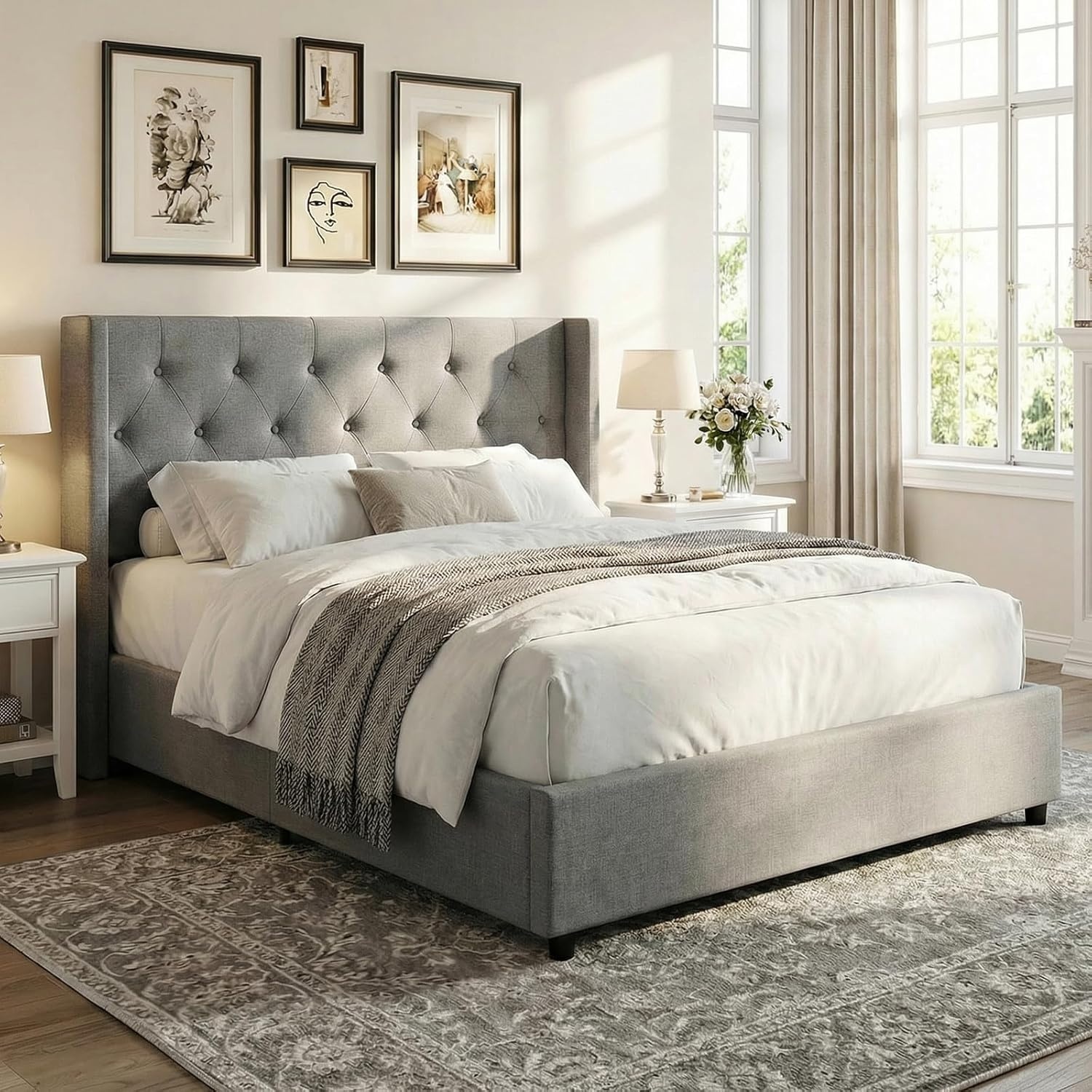 image:imageGiantex Queen Size Lift Up Storage Bed Modern Corduroy Upholstered Platform wWingback Headboard Hydraulic Support Queen Bed Frame with Storage No Box Spring Needed BeigeGrey