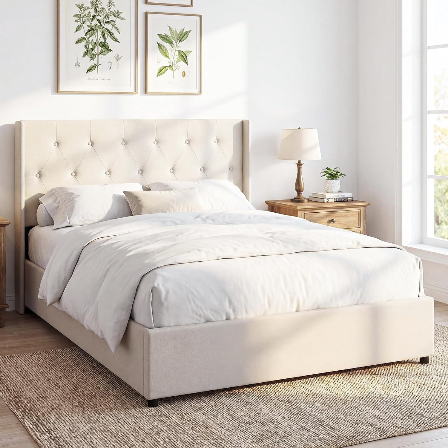 image:imageGiantex Queen Size Lift Up Storage Bed Modern Corduroy Upholstered Platform wWingback Headboard Hydraulic Support Queen Bed Frame with Storage No Box Spring Needed BeigeBeige