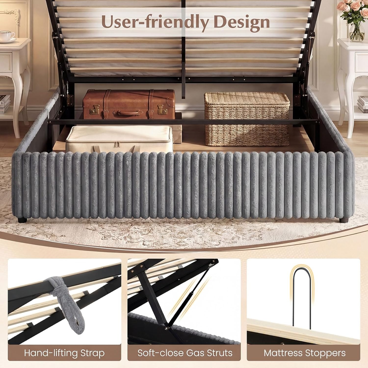 image:imageGiantex Queen Size Lift Up Storage Bed Modern Corduroy Upholstered Platform wWingback Headboard Hydraulic Support Queen Bed Frame with Storage No Box Spring Needed BeigeGrey
