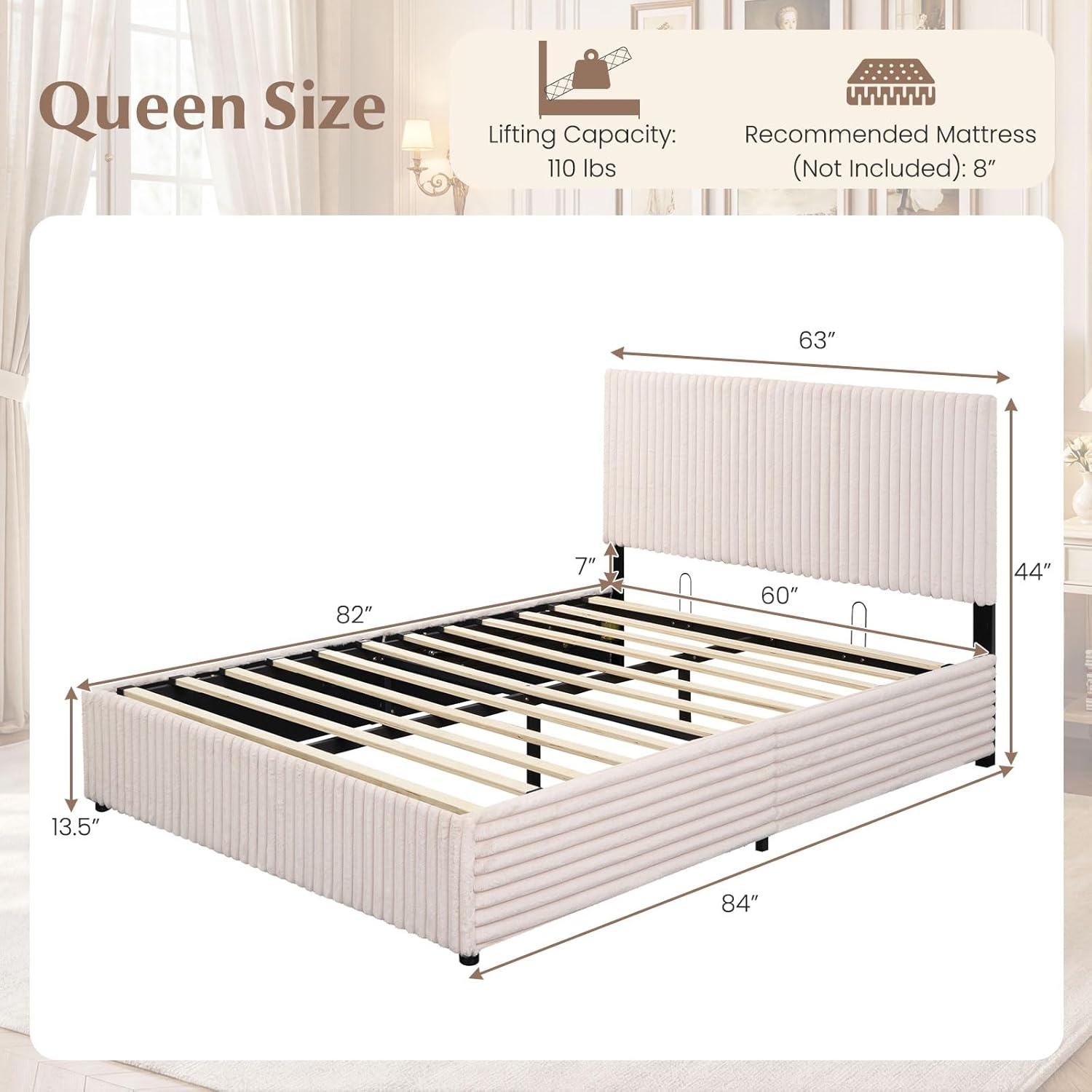 image:imageGiantex Queen Size Lift Up Storage Bed Modern Corduroy Upholstered Platform wWingback Headboard Hydraulic Support Queen Bed Frame with Storage No Box Spring Needed BeigeBeige