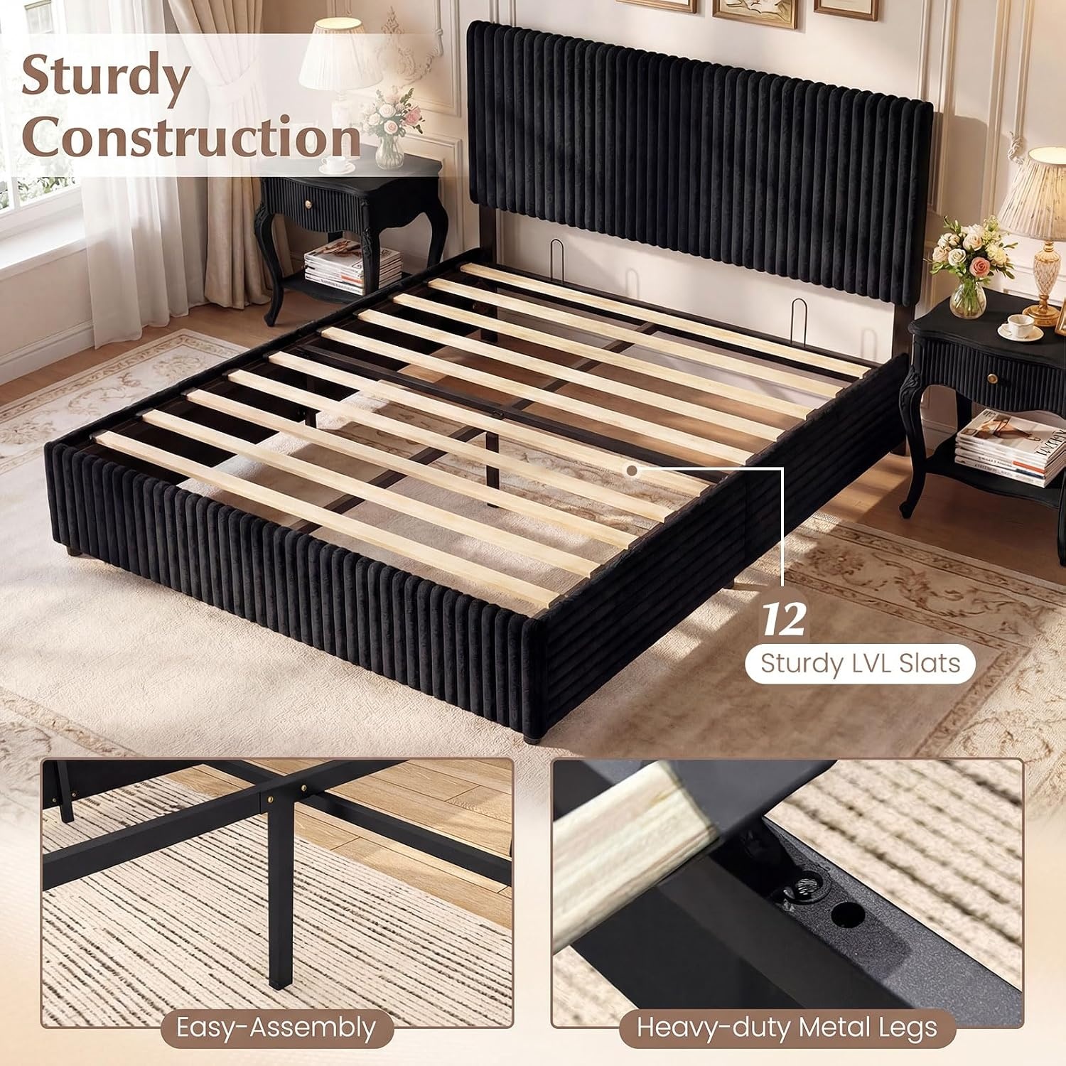 image:imageGiantex Queen Size Lift Up Storage Bed Modern Corduroy Upholstered Platform wWingback Headboard Hydraulic Support Queen Bed Frame with Storage No Box Spring Needed BeigeBlack