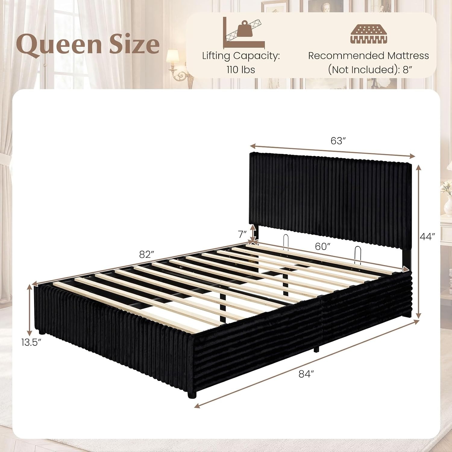 image:imageGiantex Queen Size Lift Up Storage Bed Modern Corduroy Upholstered Platform wWingback Headboard Hydraulic Support Queen Bed Frame with Storage No Box Spring Needed BeigeBlack