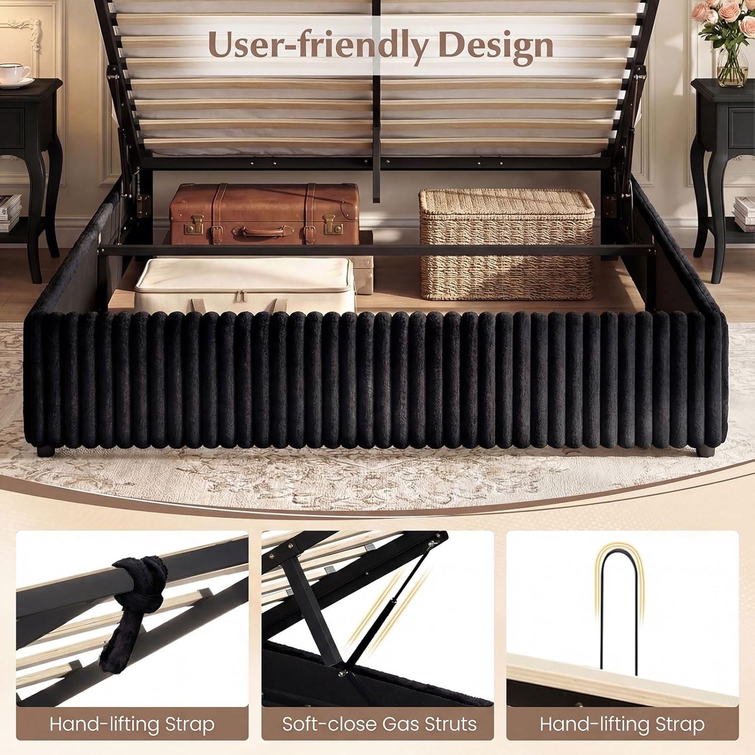 image:imageGiantex Queen Size Lift Up Storage Bed Modern Corduroy Upholstered Platform wWingback Headboard Hydraulic Support Queen Bed Frame with Storage No Box Spring Needed BeigeBlack