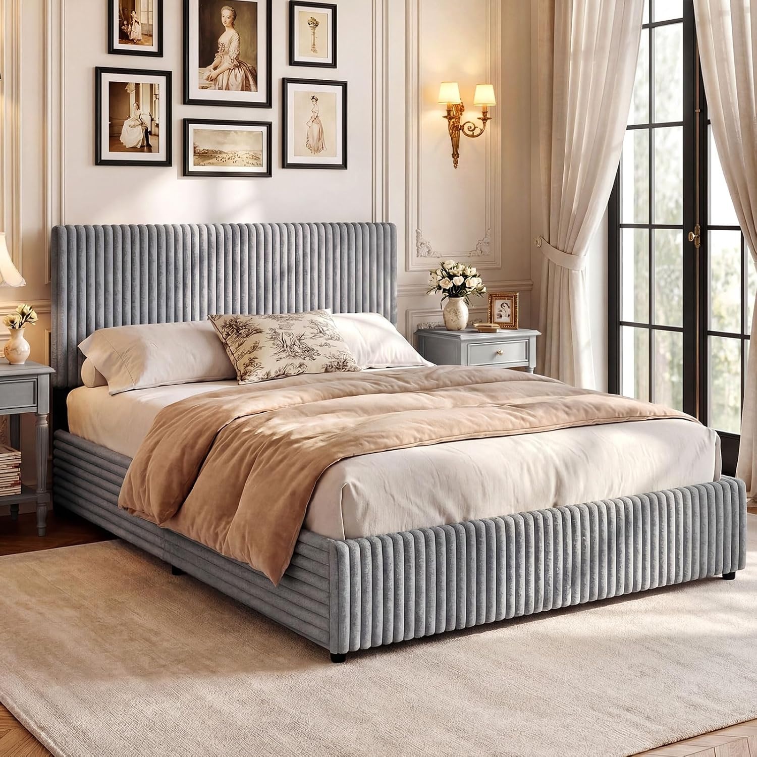 image:imageGiantex Queen Size Lift Up Storage Bed Modern Corduroy Upholstered Platform wWingback Headboard Hydraulic Support Queen Bed Frame with Storage No Box Spring Needed BeigeGrey