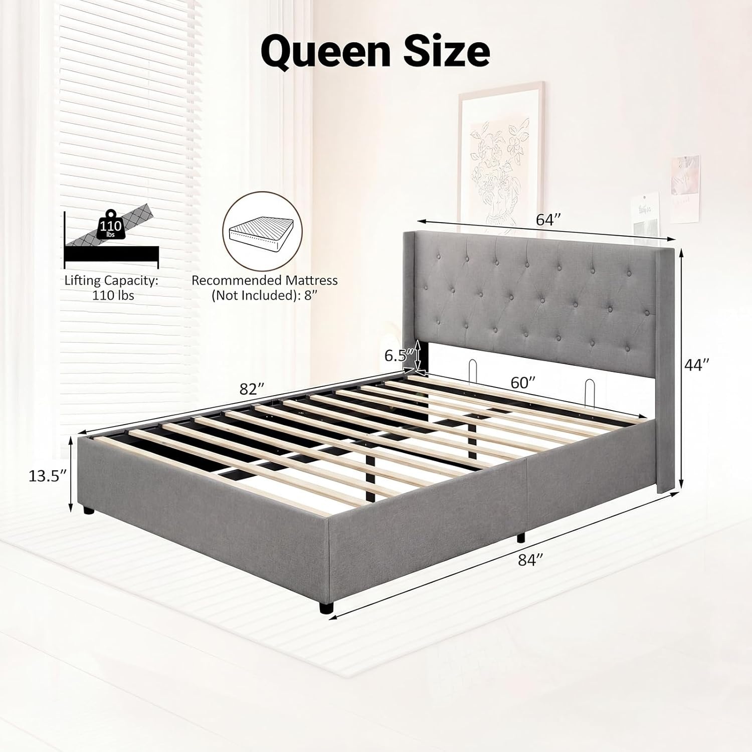 image:imageGiantex Queen Size Lift Up Storage Bed Modern Corduroy Upholstered Platform wWingback Headboard Hydraulic Support Queen Bed Frame with Storage No Box Spring Needed BeigeGrey