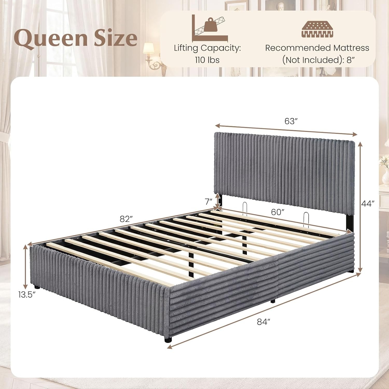 image:imageGiantex Queen Size Lift Up Storage Bed Modern Corduroy Upholstered Platform wWingback Headboard Hydraulic Support Queen Bed Frame with Storage No Box Spring Needed BeigeGrey