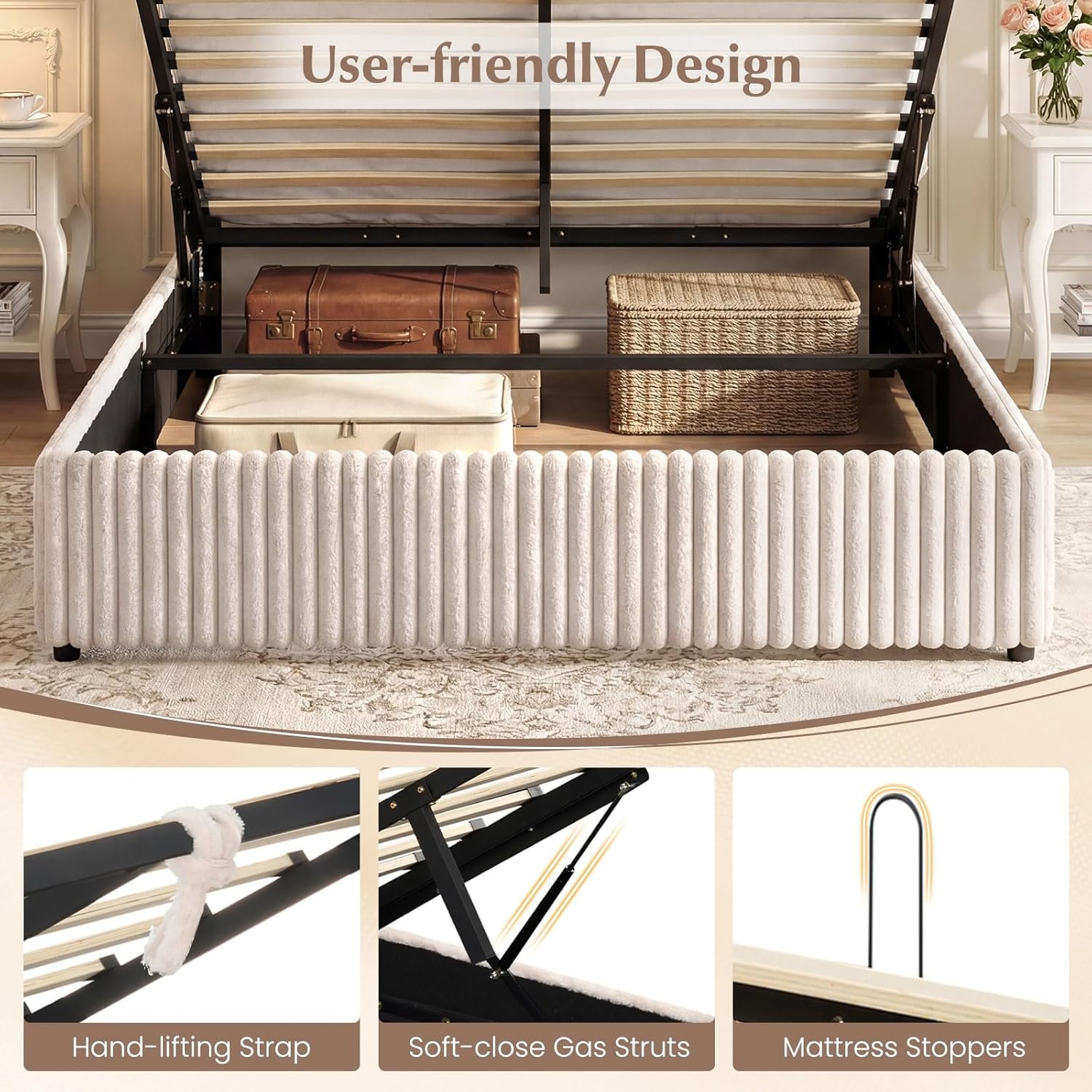 image:imageGiantex Queen Size Lift Up Storage Bed Modern Corduroy Upholstered Platform wWingback Headboard Hydraulic Support Queen Bed Frame with Storage No Box Spring Needed BeigeBeige
