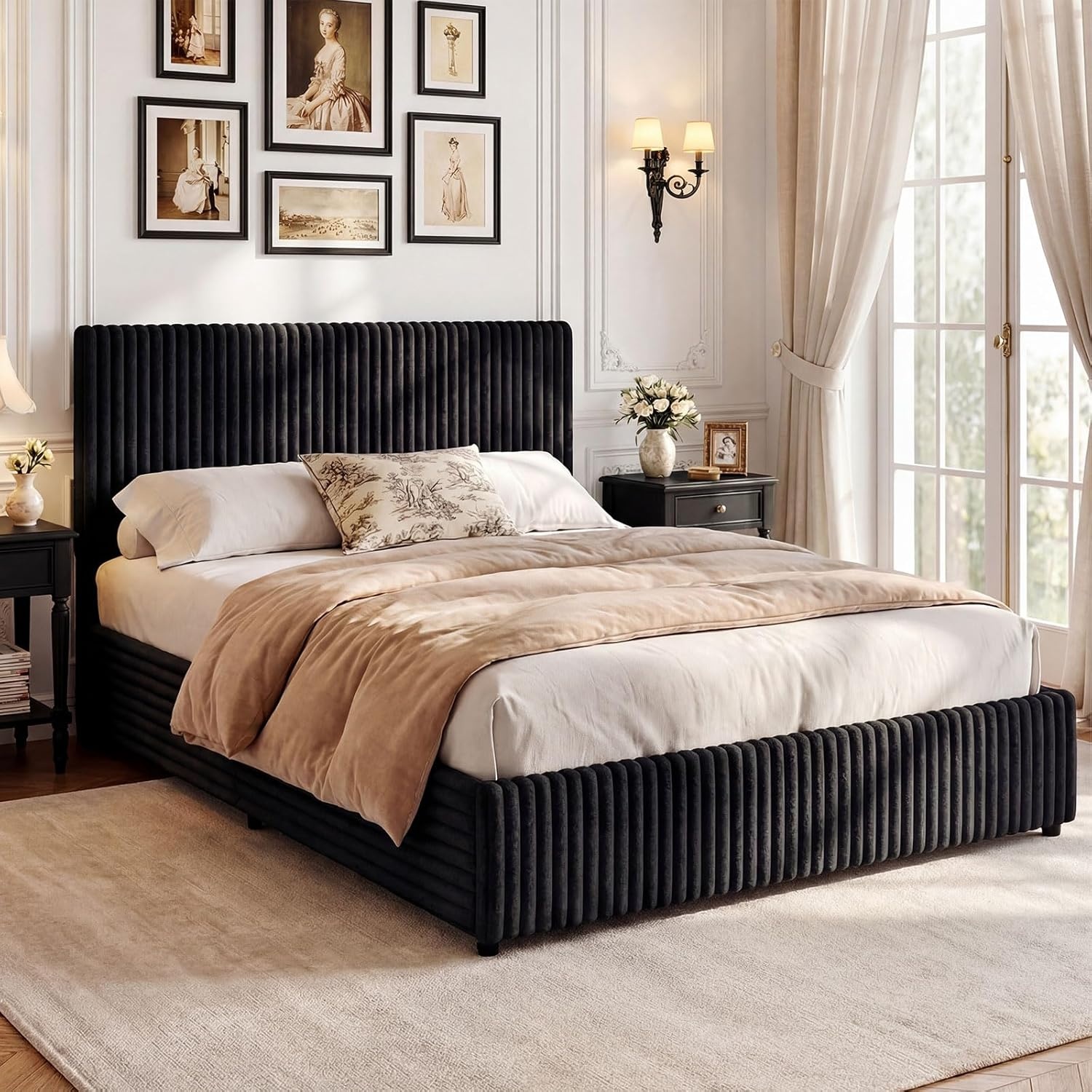 image:imageGiantex Queen Size Lift Up Storage Bed Modern Corduroy Upholstered Platform wWingback Headboard Hydraulic Support Queen Bed Frame with Storage No Box Spring Needed BeigeBlack