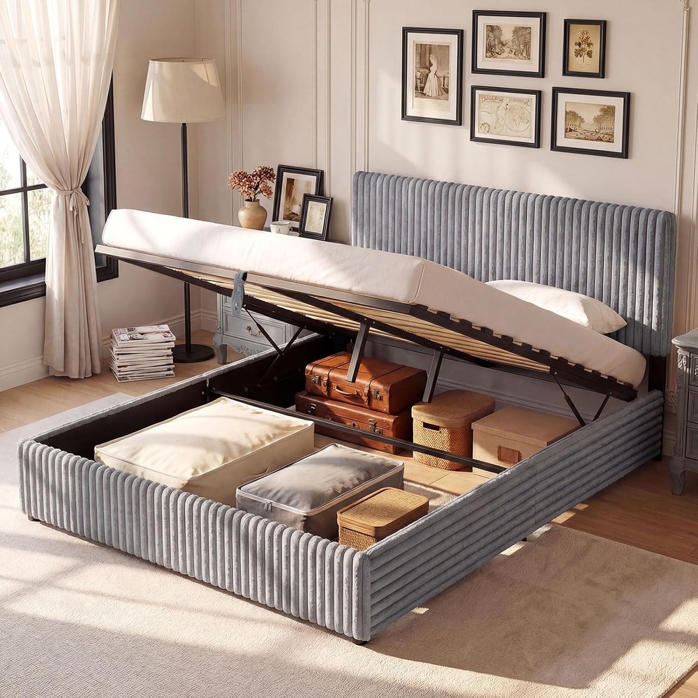 image:imageGiantex Queen Size Lift Up Storage Bed Modern Corduroy Upholstered Platform wWingback Headboard Hydraulic Support Queen Bed Frame with Storage No Box Spring Needed BeigeGrey