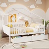 image:imageGiantex Full House Bed with Drawers Wooden Full Size Bed Frame with Cube Storage amp Fence Rails Montessori Beds for Kids Boys Girls Bedroom Living Room No Box Spring Needed NaturalWhite