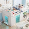image:imageGiantex Loft Bed Twin Size with LED Lights Wooden Low Bed Frames for Kids w2 Doors UnderBed Play Space amp Storage Bookcase Modern Bedframe with Ladder amp Safety Guardrail for Boys Girls GreyWhite