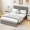 image:imageGiantex Queen Size Bed Frame with Storage Drawer Upholstered Velvet Platform Bed with Vertical Channel Headboard Wooden Slats Support Mattress Foundation No Box Spring Needed BeigeGrey