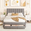 image:imageGiantex Queen Size Bed Frame with Storage Drawer Upholstered Velvet Platform Bed with Vertical Channel Headboard Wooden Slats Support Mattress Foundation No Box Spring Needed BeigeGrey