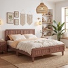 image:imageGiantex Wood Full Size Bed Frame with Upholstered Headboard MidCentury Platform Bed wWooden Slat Support Mattress Foundation Slatted Footboard UnderBed Storage Space No Box Spring Needed OakWalnut