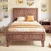 image:imageGiantex Wood Full Size Bed Frame with Upholstered Headboard MidCentury Platform Bed wWooden Slat Support Mattress Foundation Slatted Footboard UnderBed Storage Space No Box Spring Needed OakWalnut
