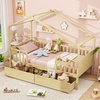 image:imageGiantex Full House Bed with Drawers Wooden Full Size Bed Frame with Cube Storage amp Fence Rails Montessori Beds for Kids Boys Girls Bedroom Living Room No Box Spring Needed NaturalNatural