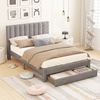 image:imageGiantex Queen Size Bed Frame with Storage Drawer Upholstered Velvet Platform Bed with Vertical Channel Headboard Wooden Slats Support Mattress Foundation No Box Spring Needed BeigeGrey