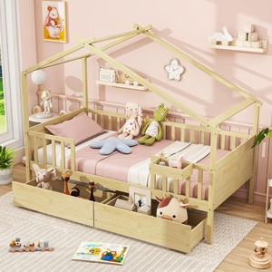 image:imageGiantex Full House Bed with Drawers Wooden Full Size Bed Frame with Cube Storage amp Fence Rails Montessori Beds for Kids Boys Girls Bedroom Living Room No Box Spring Needed NaturalNatural