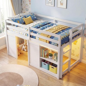 image:imageGiantex Loft Bed Twin Size with LED Lights Wooden Low Bed Frames for Kids w2 Doors UnderBed Play Space amp Storage Bookcase Modern Bedframe with Ladder amp Safety Guardrail for Boys Girls GreyWhite