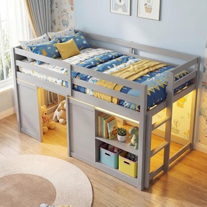 image:imageGiantex Loft Bed Twin Size with LED Lights Wooden Low Bed Frames for Kids w2 Doors UnderBed Play Space amp Storage Bookcase Modern Bedframe with Ladder amp Safety Guardrail for Boys Girls GreyGrey