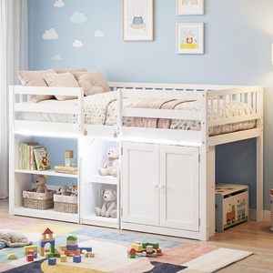 image:imageGiantex Low Loft Bed Twin Size with LED Lights Wooden Bed Frame wStairs Safety Guardrails Storage Cabinet Bookshelf amp UnderBed Play Space Modern Kids Loft Bed for Boys Girls Mint GreenWhite