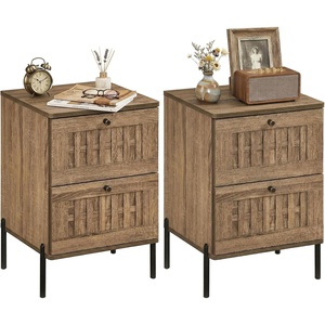 image:imageGiantex Night Stand Set 2 Mid Century Modern Sofa End Bedside Table w2 Woven Storage Drawers amp Raised Metal Support Legs Wood Side Table for Bedroom Home Office Rustic Oak2