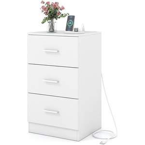 image:imageGiantex Night Stand Set 2 with Charging Station 26 Tall Side End Table w3 Storage Drawers Wooden Nightstand Chest of Drawers Wood Dresser for Bedroom Office 2 NaturalWhite