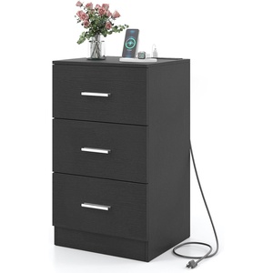 image:imageGiantex Night Stand Set 2 with Charging Station 26 Tall Side End Table w3 Storage Drawers Wooden Nightstand Chest of Drawers Wood Dresser for Bedroom Office 2 NaturalBlack
