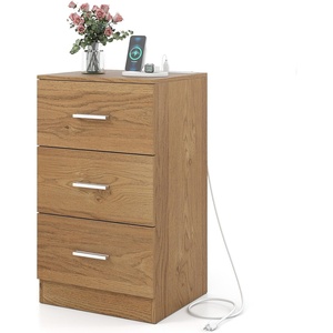image:imageGiantex Night Stand Set 2 with Charging Station 26 Tall Side End Table w3 Storage Drawers Wooden Nightstand Chest of Drawers Wood Dresser for Bedroom Office 2 NaturalNatural