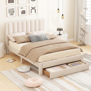 image:imageGiantex Queen Size Bed Frame with Storage Drawer Upholstered Velvet Platform Bed with Vertical Channel Headboard Wooden Slats Support Mattress Foundation No Box Spring Needed BeigeBeige