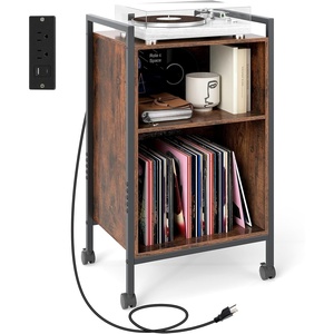 image:imageGiantex Record Player Stand with Charging Station Mobile Turntable Stand with Record Storage amp 4 Rolling Wheels 3Tier Vinyl Record Storage w Open Shelves amp Dividers for Living Room Rustic Brown