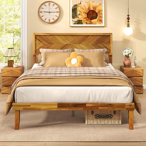 image:imageGiantex Wood Queen Size Bed Frame with Headboard Acacia Platform Bed w12 Slats Support UnderBed Space Wooden Mattress Foundation No Box Spring NeededFull