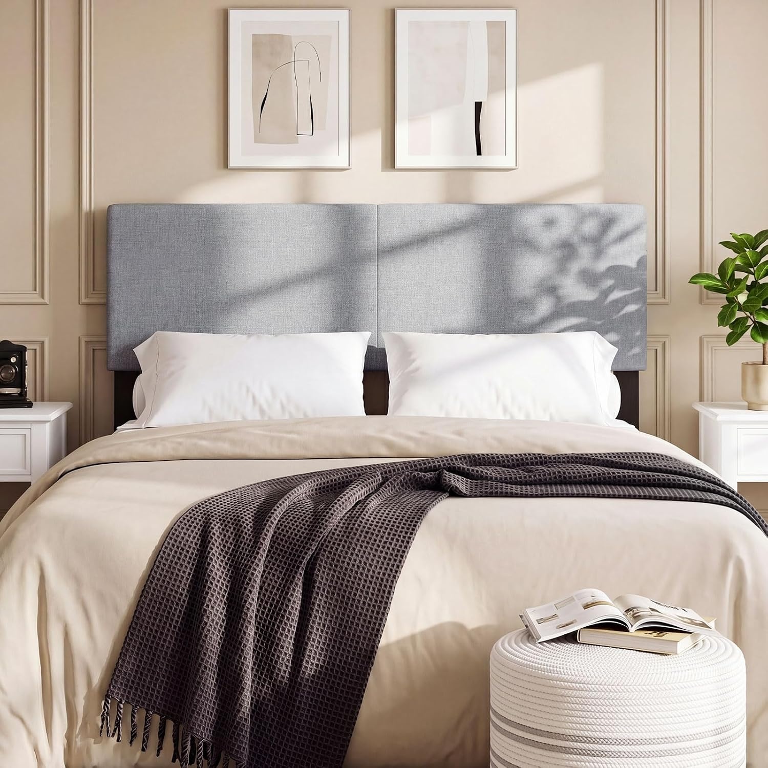 image:imageGiantex Headboard with Charging Station QueenFull Size Tufted Upholstered Head Board w2 AC Outlets USB amp TypeC Ports Rubber Wood Legs Width Adjustable Modern Bed Headboard Only GreyGray