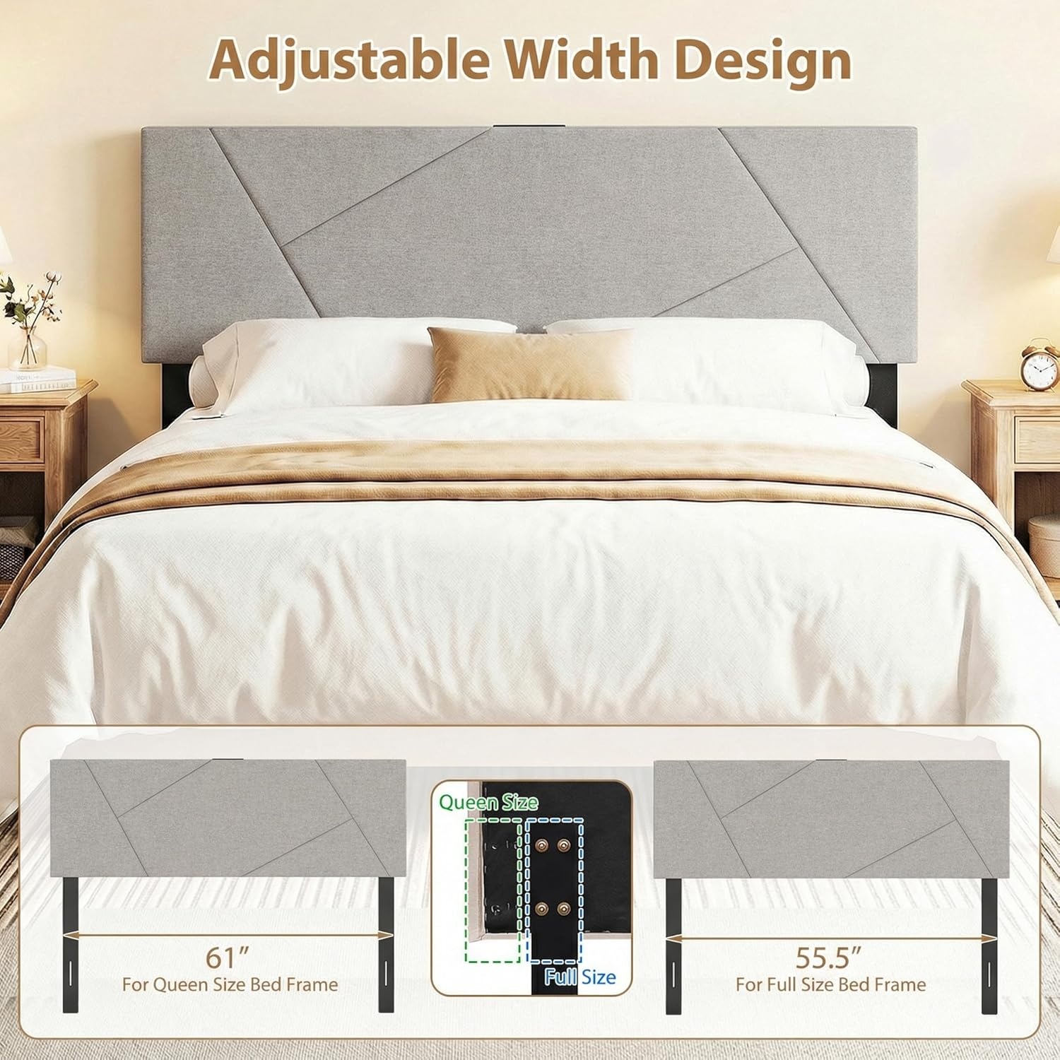 image:imageGiantex Headboard with Charging Station QueenFull Size Tufted Upholstered Head Board w2 AC Outlets USB amp TypeC Ports Rubber Wood Legs Width Adjustable Modern Bed Headboard Only GreyGray