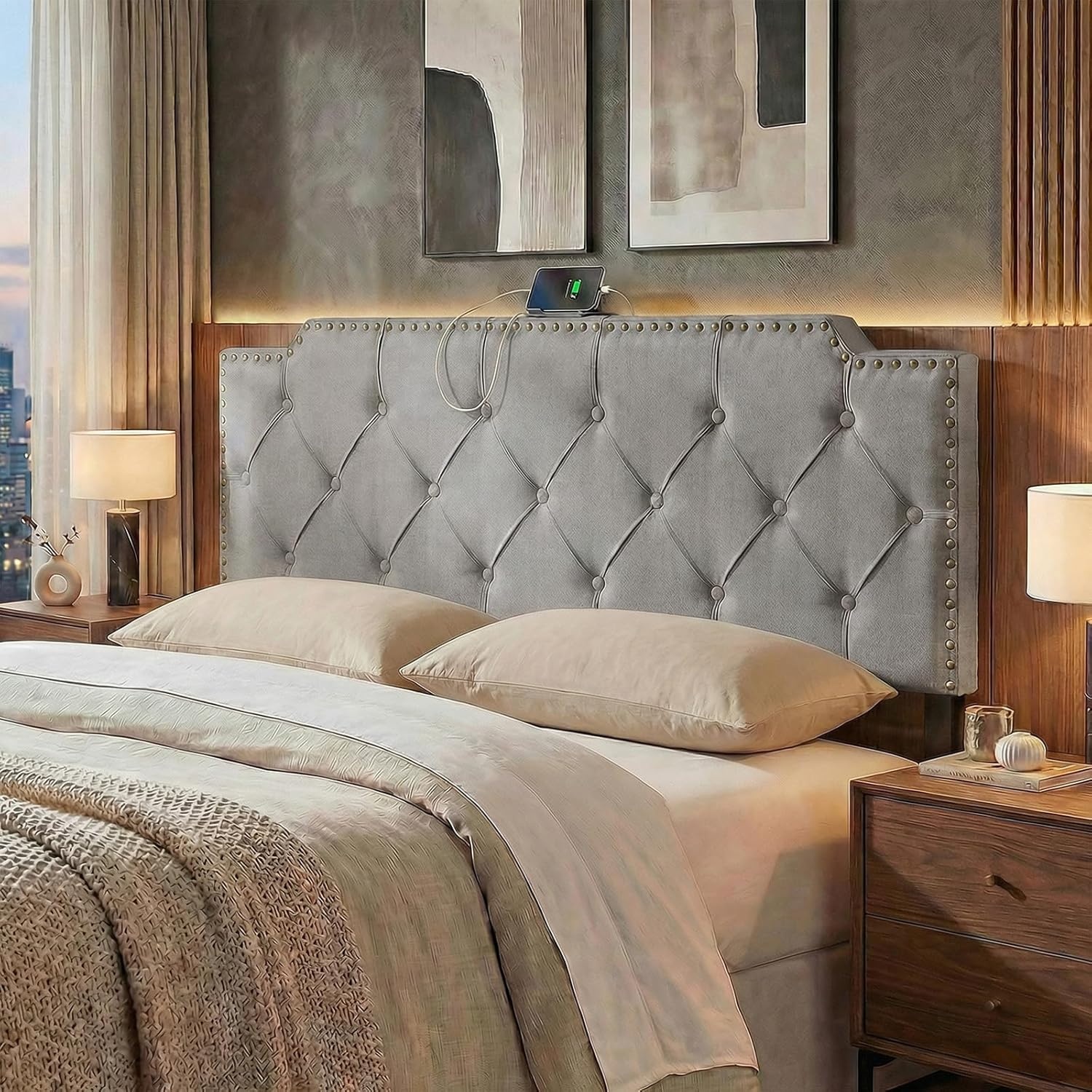image:imageGiantex Headboard with Charging Station QueenFull Size Tufted Upholstered Head Board w2 AC Outlets USB amp TypeC Ports Rubber Wood Legs Width Adjustable Modern Bed Headboard Only GreyGray