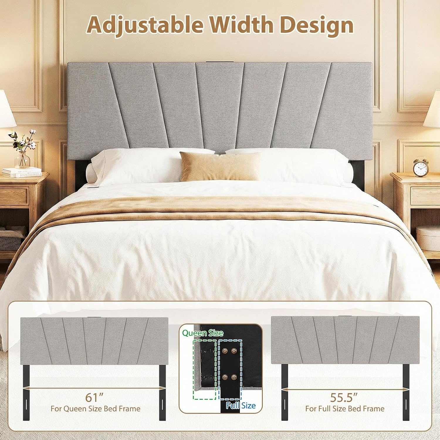 image:imageGiantex Headboard with Charging Station QueenFull Size Tufted Upholstered Head Board w2 AC Outlets USB amp TypeC Ports Rubber Wood Legs Width Adjustable Modern Bed Headboard Only GreyGray