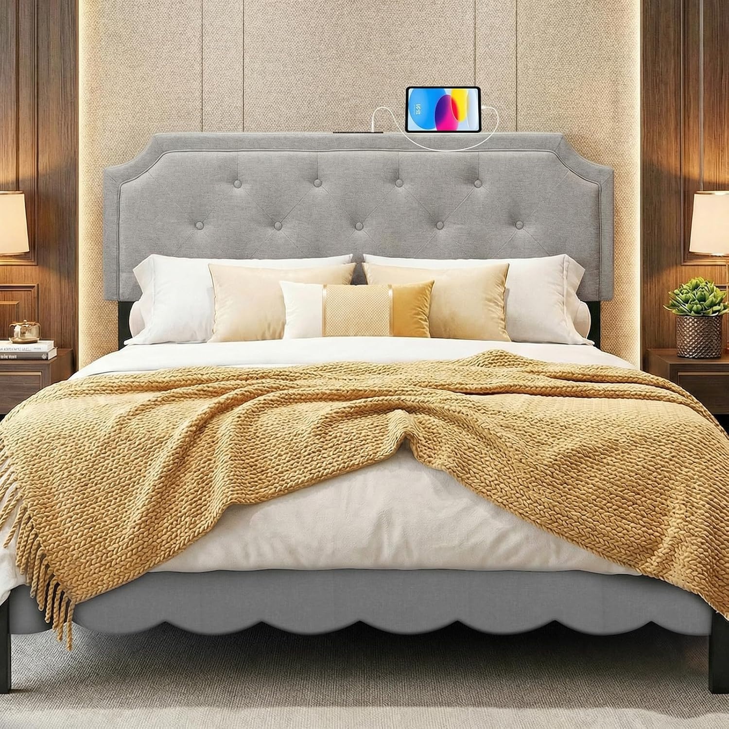 image:imageGiantex Headboard with Charging Station QueenFull Size Tufted Upholstered Head Board w2 AC Outlets USB amp TypeC Ports Rubber Wood Legs Width Adjustable Modern Bed Headboard Only GreyGray