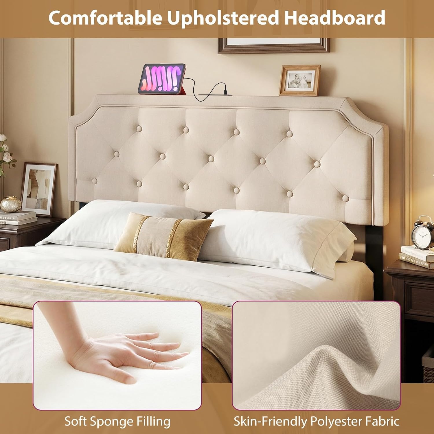 image:imageGiantex Headboard with Charging Station QueenFull Size Tufted Upholstered Head Board w2 AC Outlets USB amp TypeC Ports Rubber Wood Legs Width Adjustable Modern Bed Headboard Only GreyBeige