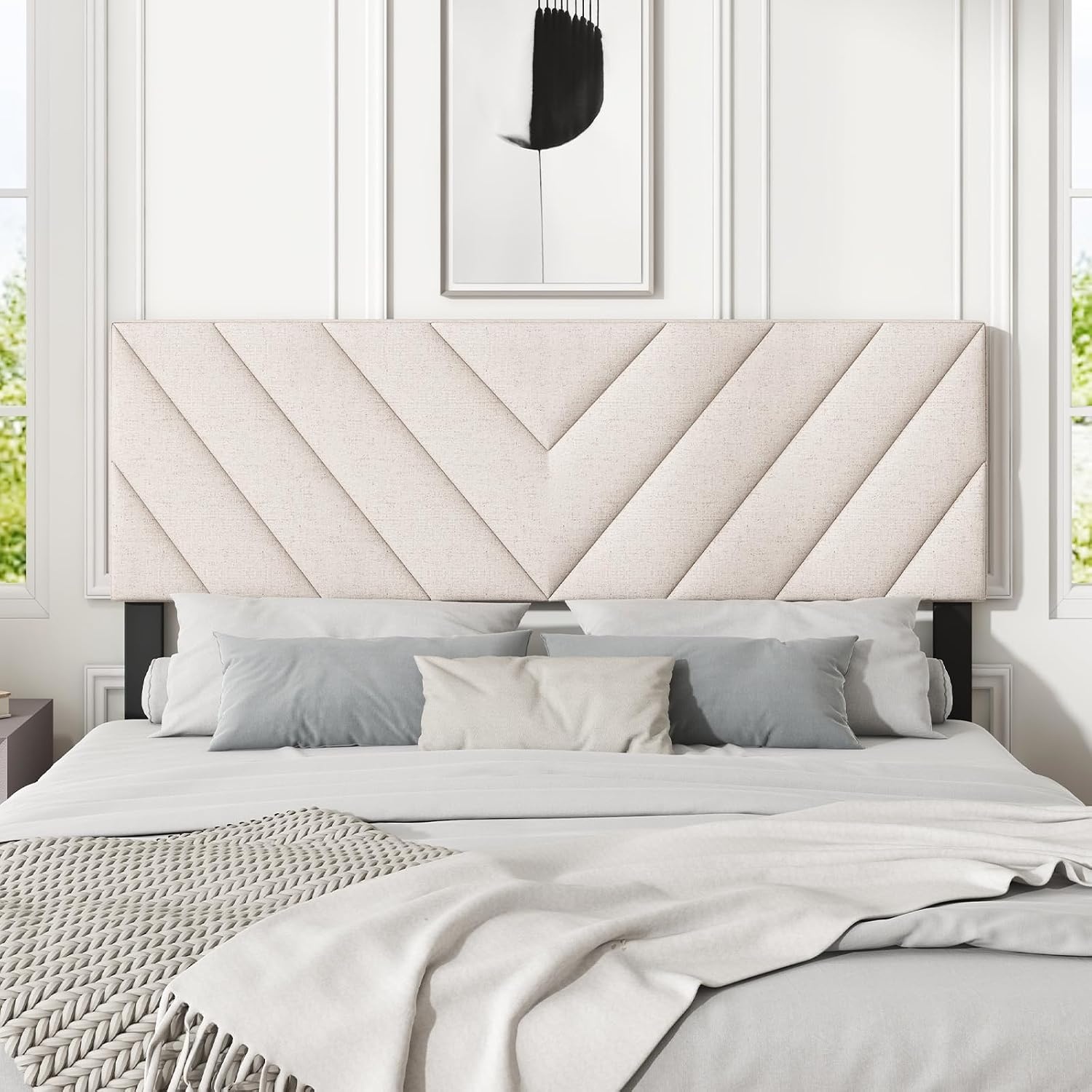 image:imageGiantex Headboard with Charging Station QueenFull Size Tufted Upholstered Head Board w2 AC Outlets USB amp TypeC Ports Rubber Wood Legs Width Adjustable Modern Bed Headboard Only GreyBeige