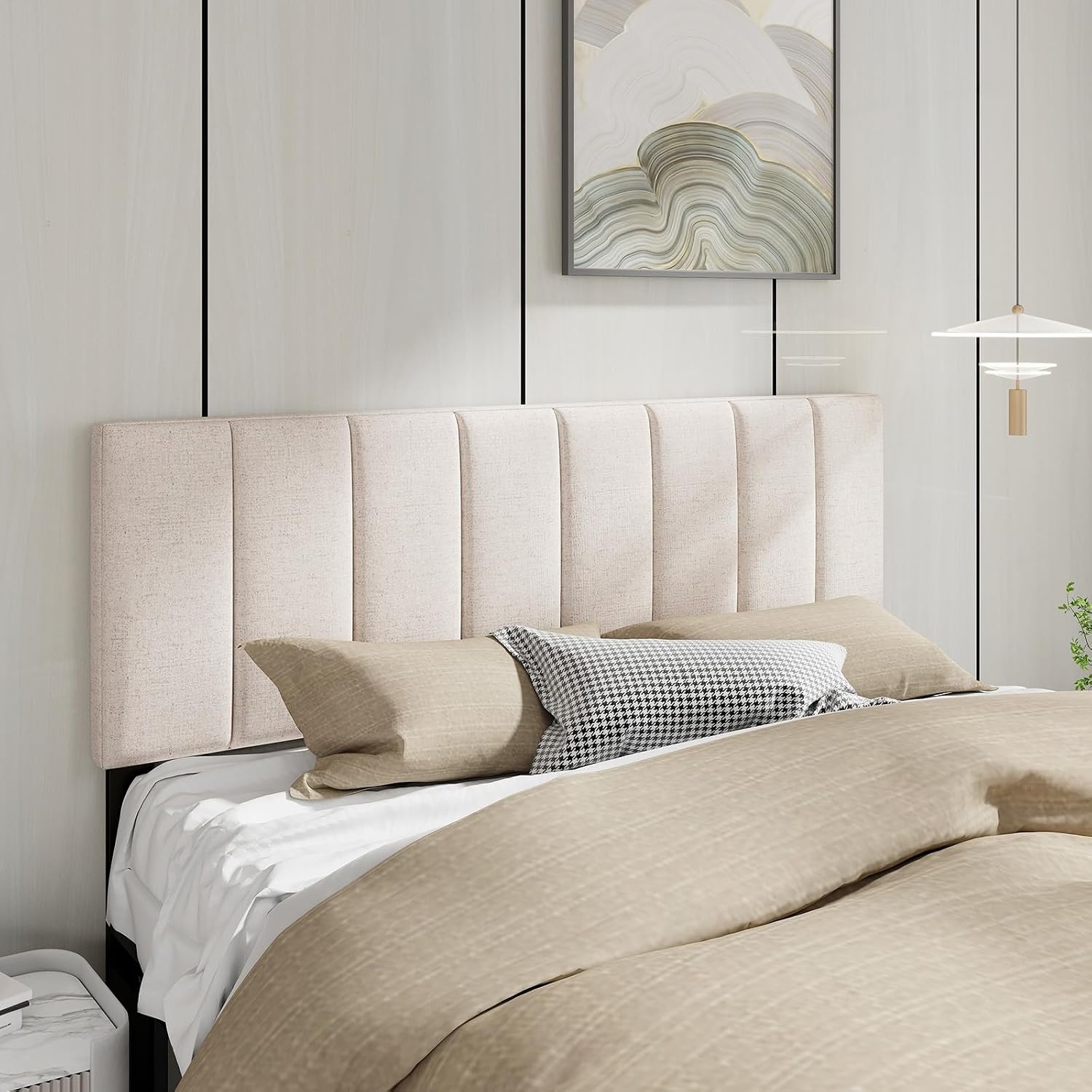 image:imageGiantex Headboard with Charging Station QueenFull Size Tufted Upholstered Head Board w2 AC Outlets USB amp TypeC Ports Rubber Wood Legs Width Adjustable Modern Bed Headboard Only GreyBeige