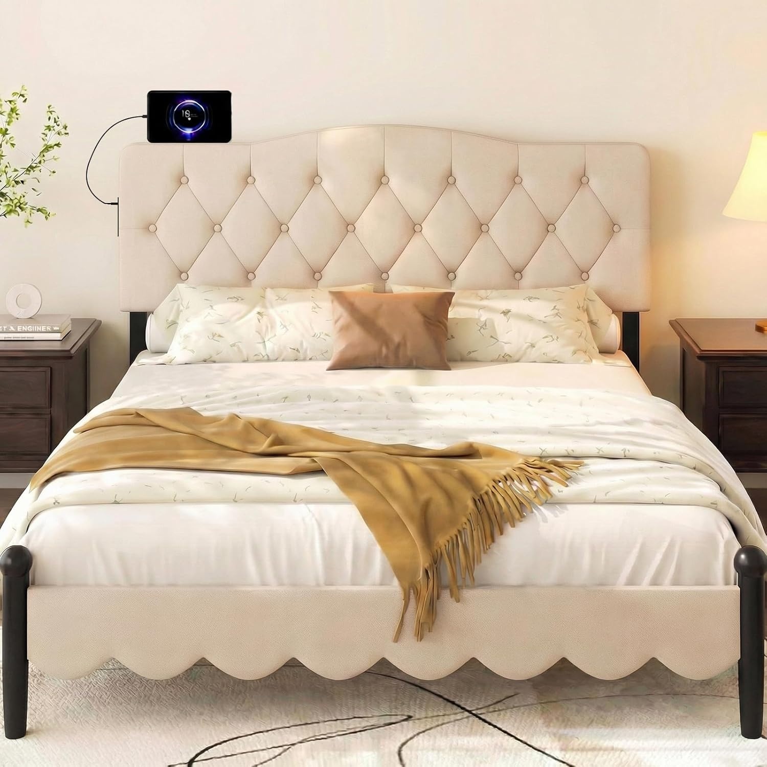 image:imageGiantex Headboard with Charging Station QueenFull Size Tufted Upholstered Head Board w2 AC Outlets USB amp TypeC Ports Rubber Wood Legs Width Adjustable Modern Bed Headboard Only GreyBeige