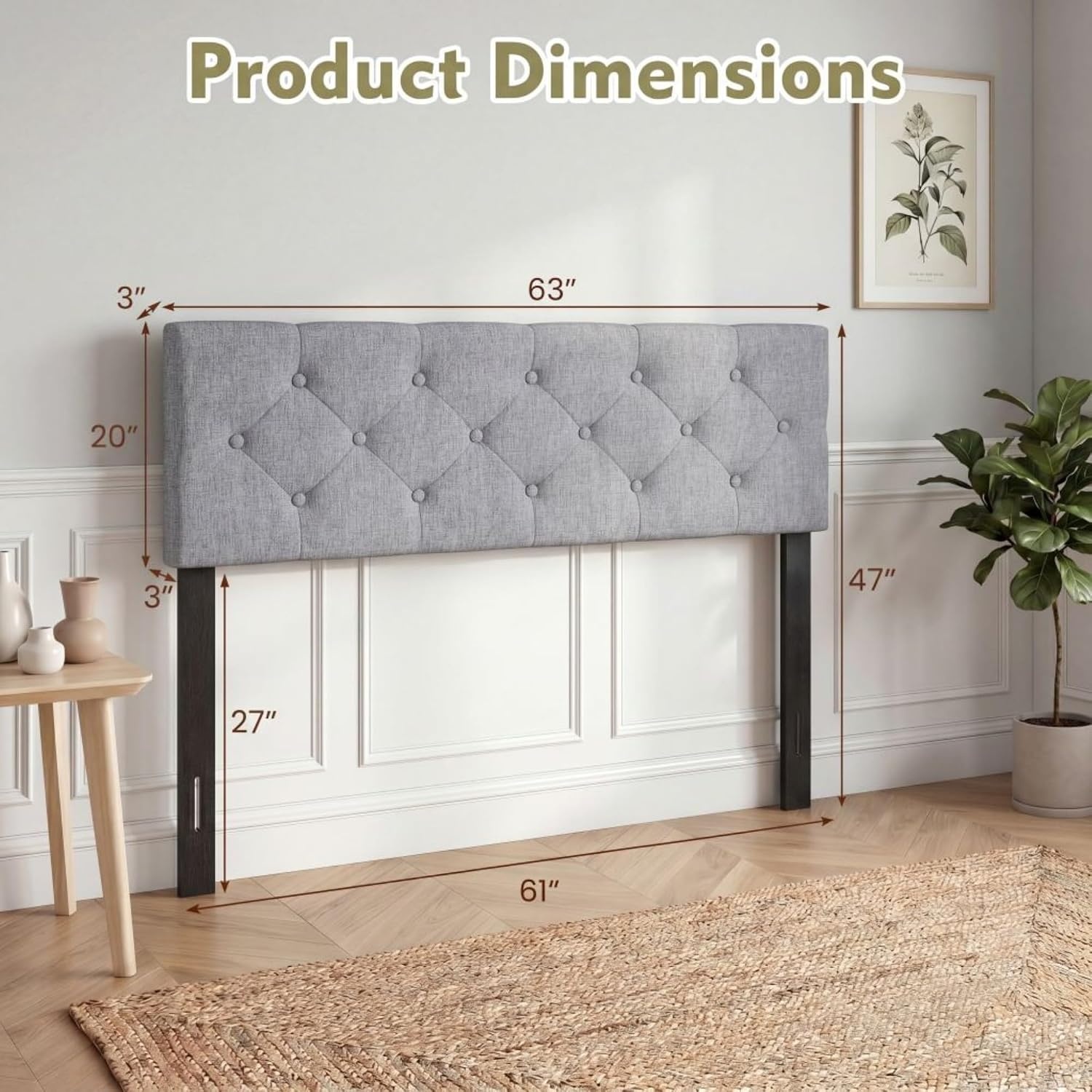 image:imageGiantex Headboard with Charging Station QueenFull Size Tufted Upholstered Head Board w2 AC Outlets USB amp TypeC Ports Rubber Wood Legs Width Adjustable Modern Bed Headboard Only GreyGray