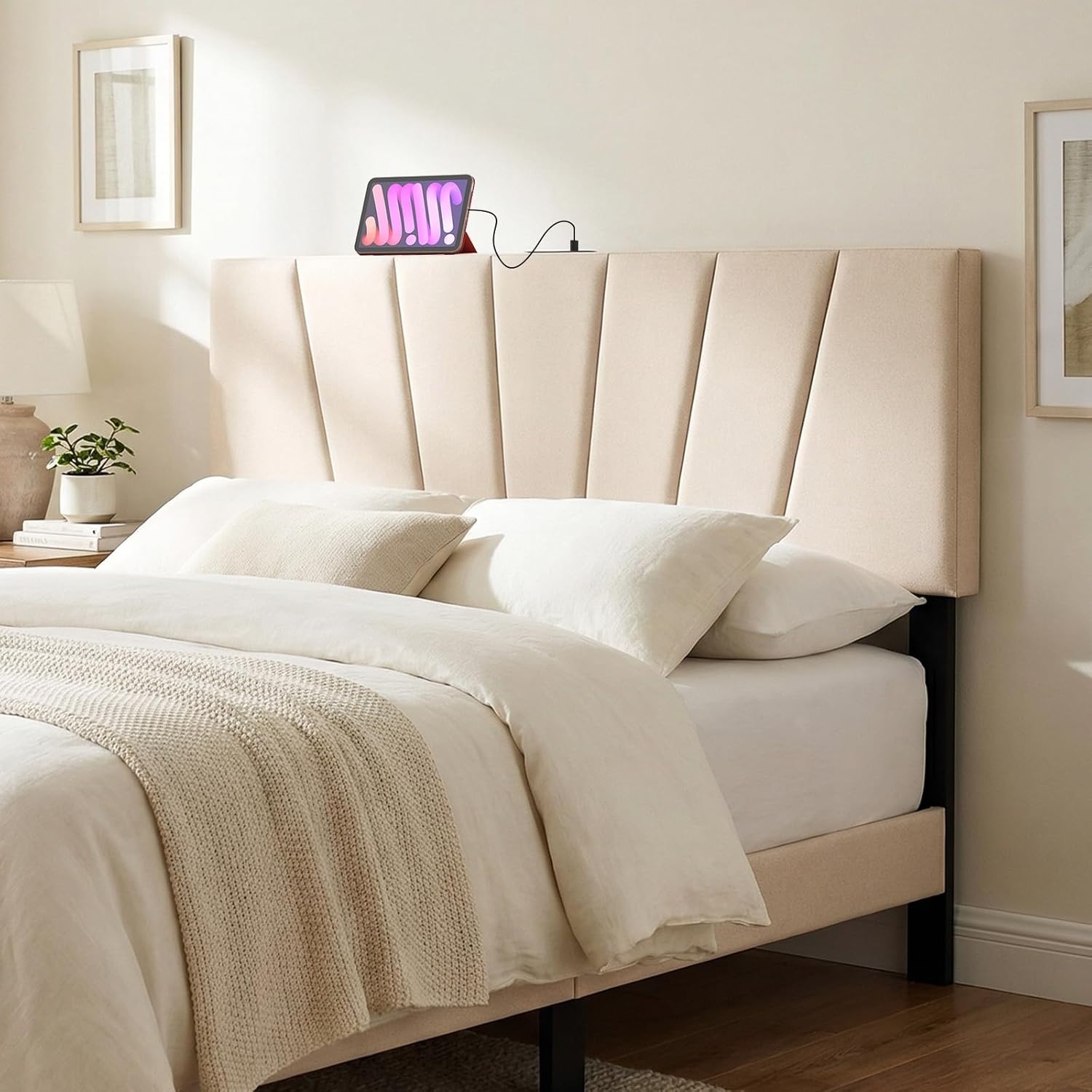 image:imageGiantex Headboard with Charging Station QueenFull Size Tufted Upholstered Head Board w2 AC Outlets USB amp TypeC Ports Rubber Wood Legs Width Adjustable Modern Bed Headboard Only GreyBeige