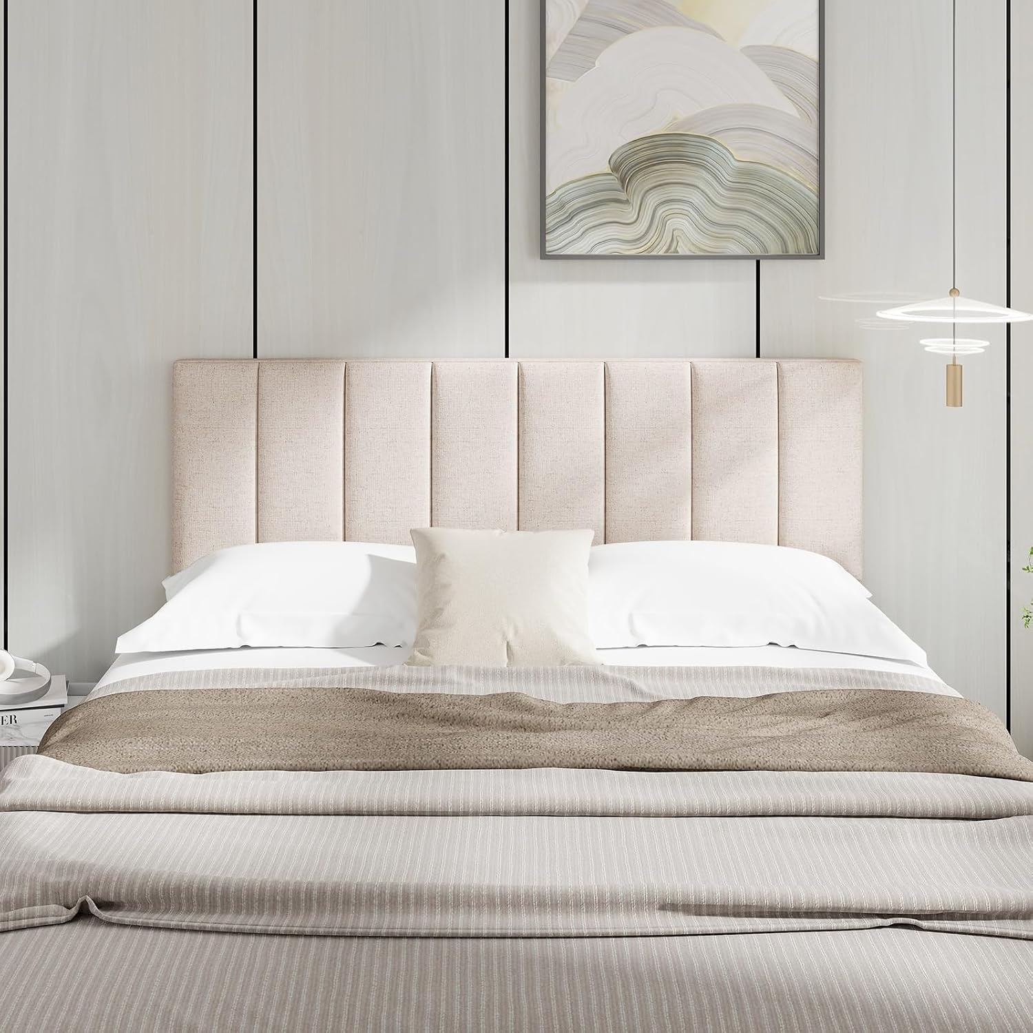 image:imageGiantex Headboard with Charging Station QueenFull Size Tufted Upholstered Head Board w2 AC Outlets USB amp TypeC Ports Rubber Wood Legs Width Adjustable Modern Bed Headboard Only GreyBeige