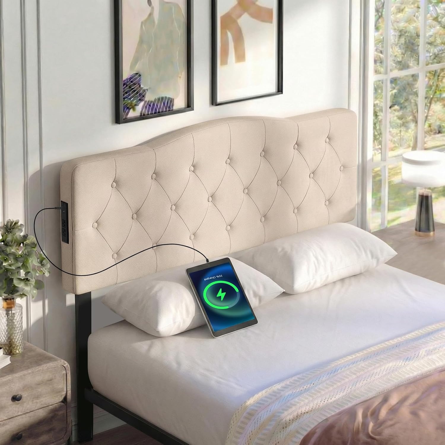image:imageGiantex Headboard with Charging Station QueenFull Size Tufted Upholstered Head Board w2 AC Outlets USB amp TypeC Ports Rubber Wood Legs Width Adjustable Modern Bed Headboard Only GreyBeige