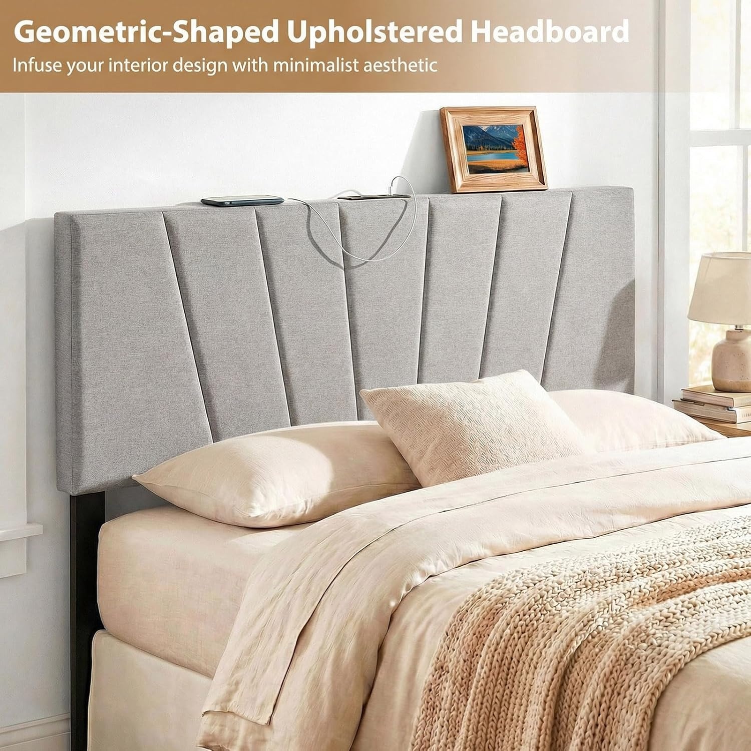image:imageGiantex Headboard with Charging Station QueenFull Size Tufted Upholstered Head Board w2 AC Outlets USB amp TypeC Ports Rubber Wood Legs Width Adjustable Modern Bed Headboard Only GreyGray