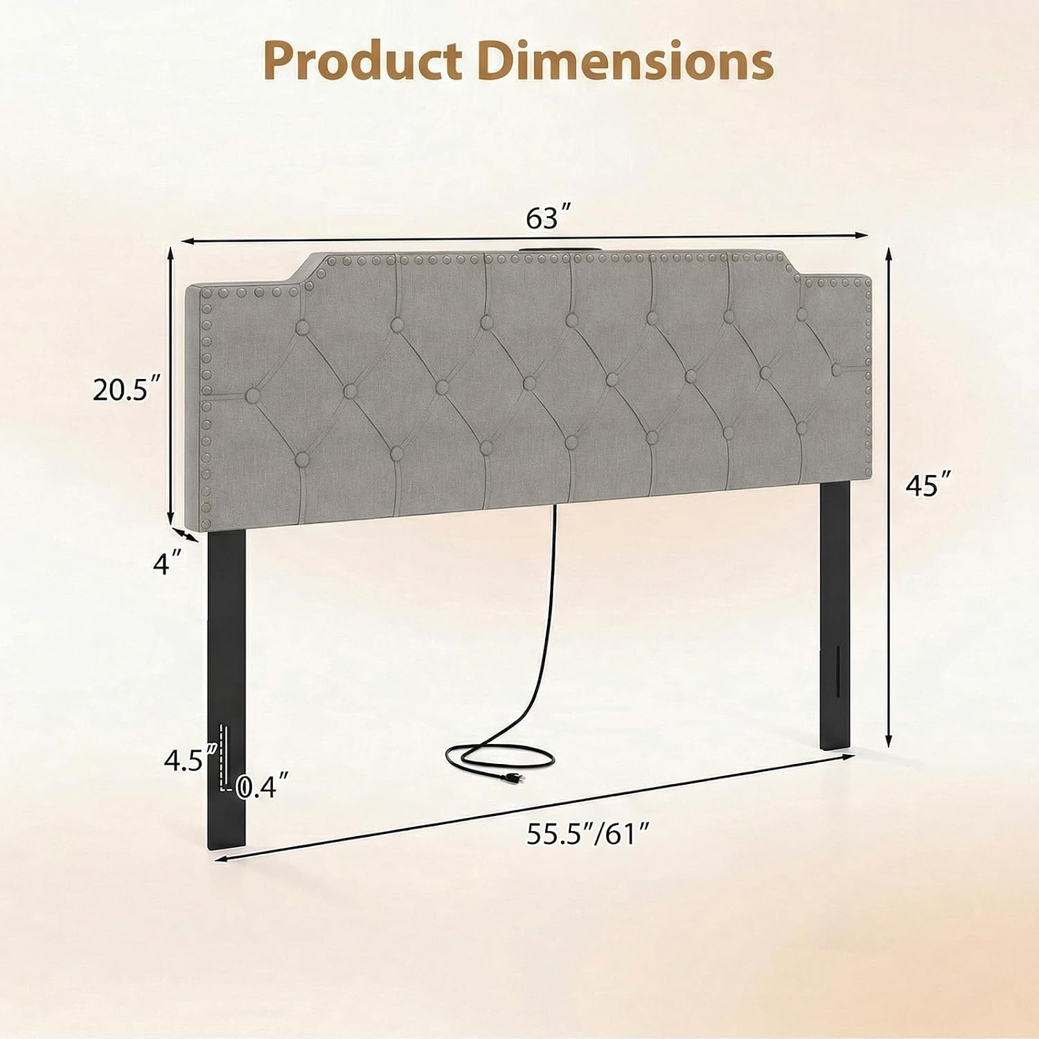 image:imageGiantex Headboard with Charging Station QueenFull Size Tufted Upholstered Head Board w2 AC Outlets USB amp TypeC Ports Rubber Wood Legs Width Adjustable Modern Bed Headboard Only GreyGray