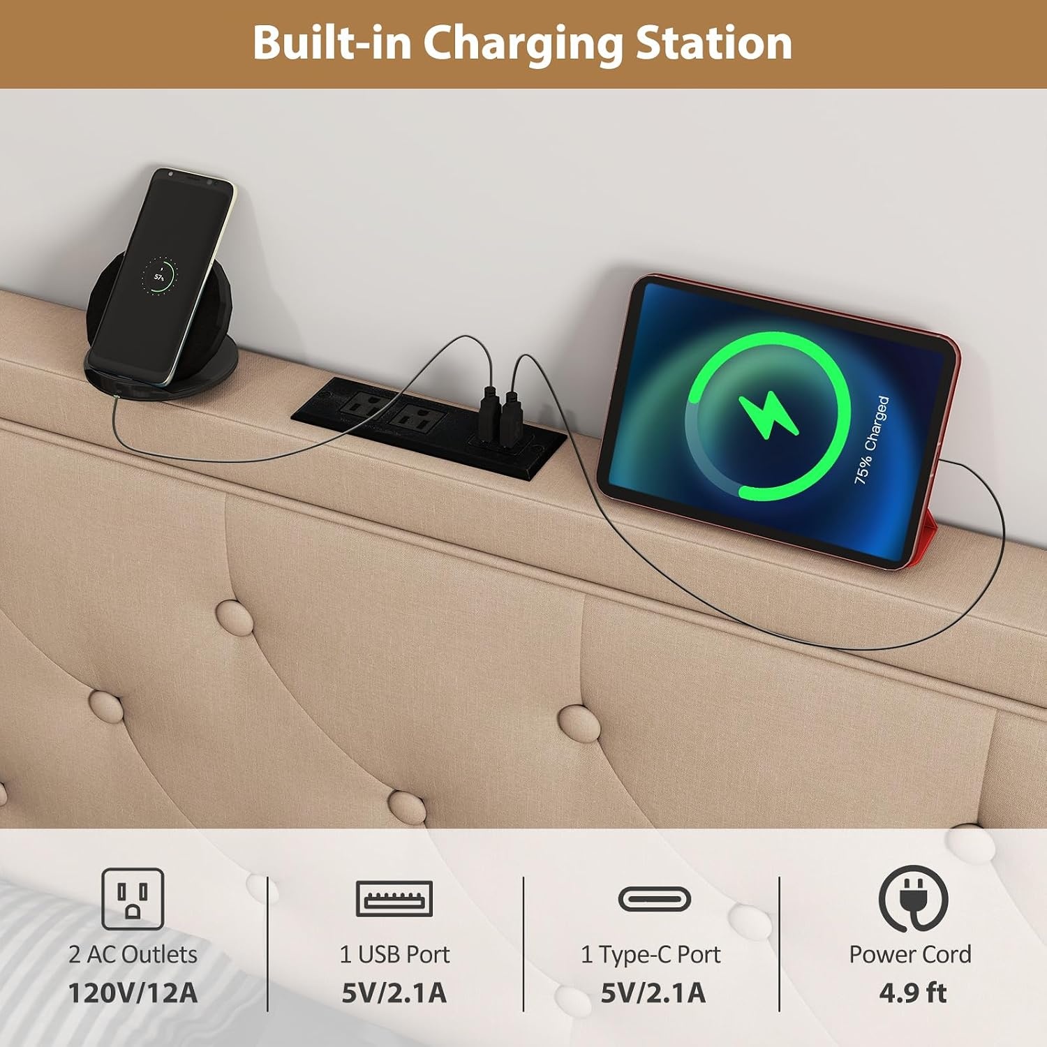 image:imageGiantex Headboard with Charging Station QueenFull Size Tufted Upholstered Head Board w2 AC Outlets USB amp TypeC Ports Rubber Wood Legs Width Adjustable Modern Bed Headboard Only GreyBeige